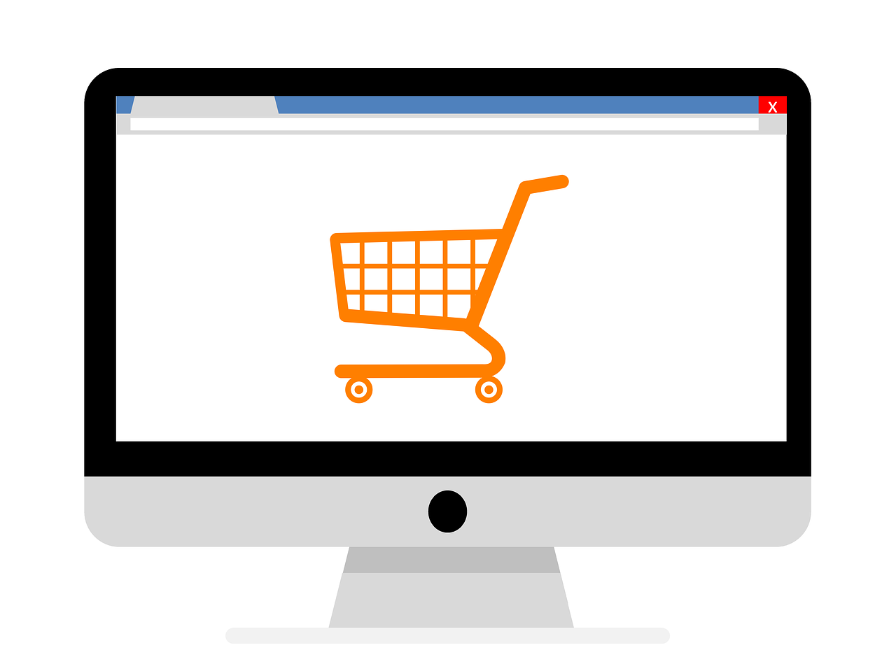 Ilustração de uma tela de computador com um carrinho de compras laranja em um fundo branco. 