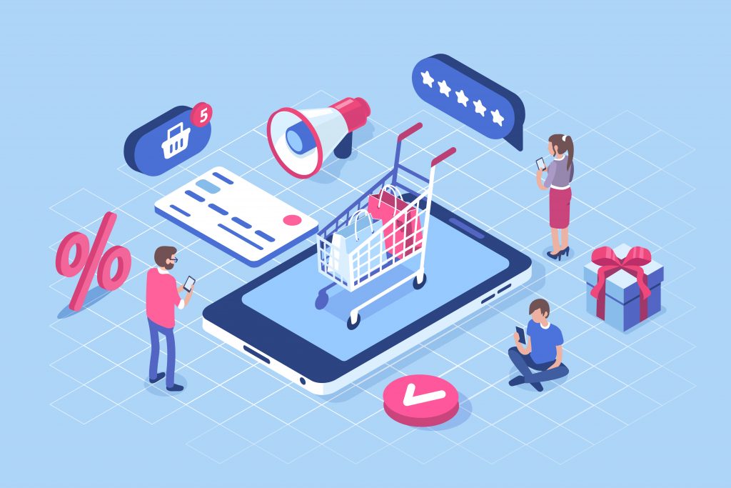 Ilustração com fundo azul com pessoas e ícones diversos. Há dois homens e uma mulher mexendo no celular. Ao centro da imagem, há um celular gigante com um carrinho de compras em cima. Ao lado, há um cartão de banco.