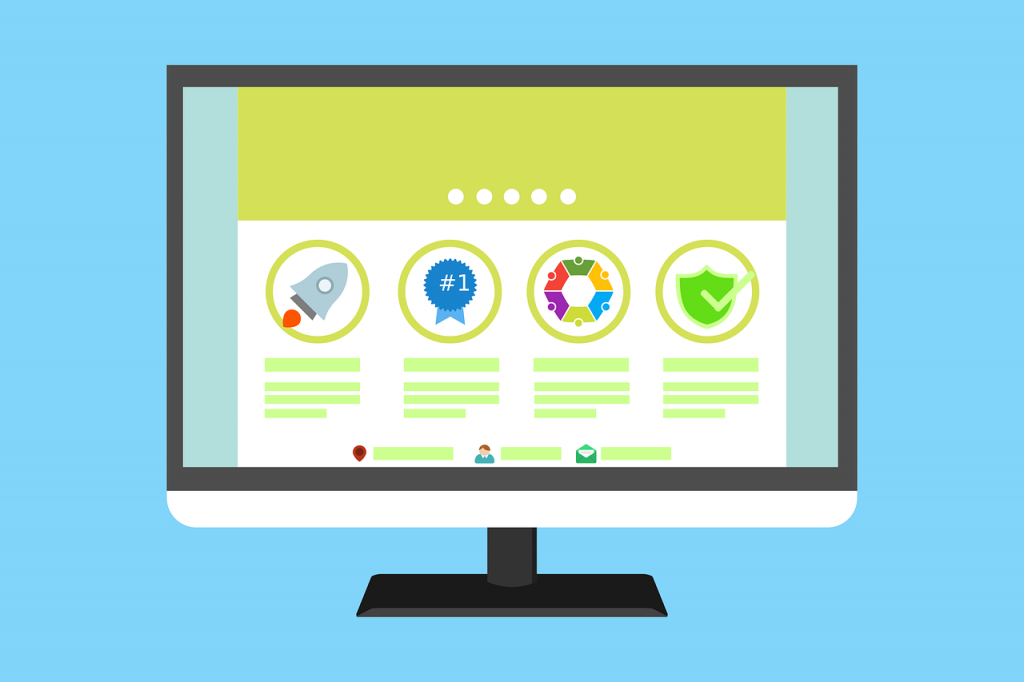 Ilustração da tela de um computador que mostra uma simulação do layout de um site. Há quatro ícones diferentes, que são: foguete, medalha, hexágono colorido e um escudo verde com marca de verificação verde.