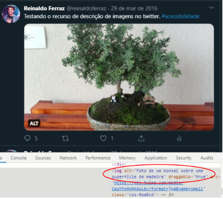 Reprodução da tela do usuário do Twitter com foto do
Reinaldo Ferraz em um círculo. Ao lado, há o nome "Reinaldo Ferraz
@reinaldoferraz - 29 de março de 2016". Abaixo, há a frase: "Testando o recurso de descrição de imagem no twitter. #acessibilidade".
Em seguida, há a foto de um bonsai em cima de uma mesa de madeira. No canto inferior da foto, há a sigla "ALT" e, abaixo, os ícones de balão de conversa, retuíte, coração e upload. Logo abaixo, há diversos códigos e palavras em inglês. Em destaque com um círculo oval, há códigos e a frase:"Foto de um bonsai sobre uma superfície de madeira".