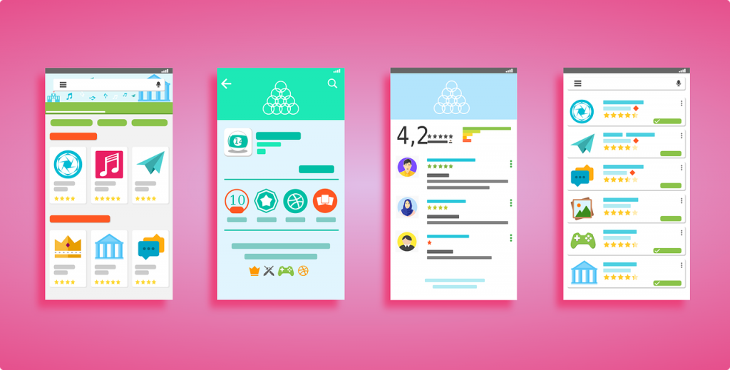 Ilustração colorida de quatro telas que exibem interfaces para baixar aplicativos.