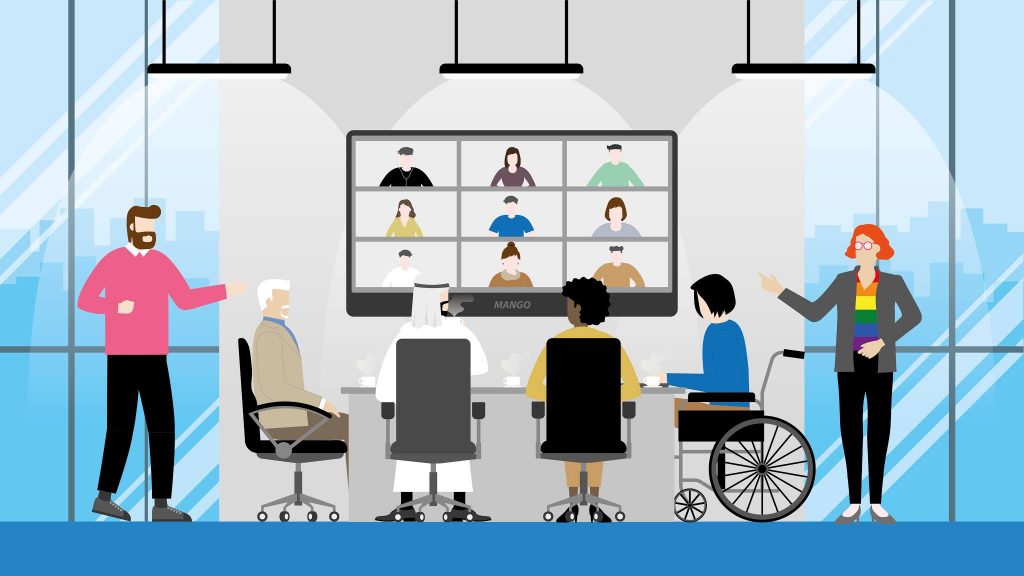 Ilustração de mesa diversa com pessoas de diferentes culturas, etnias, gêneros e deficiências. Na parede à frente delas há um monitor com a tela dividida em nove partes como em videoconferência. Em cada parte há uma imagem de pessoa.