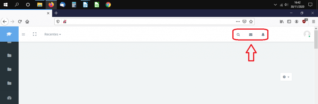 Print de tela do ambiente virtual do Moodle. Ao lado esquerdo, há um menu vertical com ícones. Na parte superior direita, estão destacados pelo autor do artigo os ícones da mensageria, que são a lupa (busca), carta (email) e sino (alertas).
