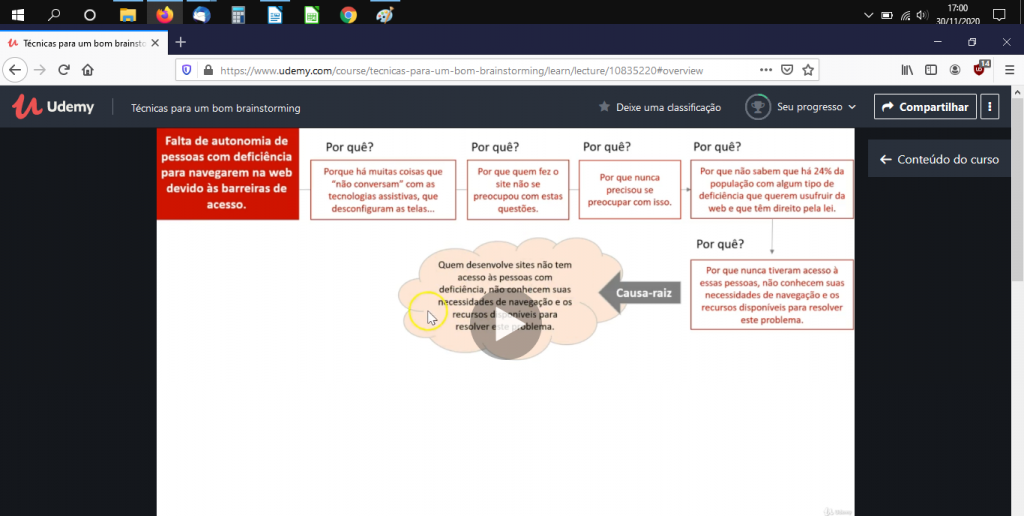 Print de tela do ambiente virtual da Udemy. No centro, há um slide projetado com informações sobre a aula. Ao lado direito da tela, na parte superior, há o botão “conteúdo do curso”.