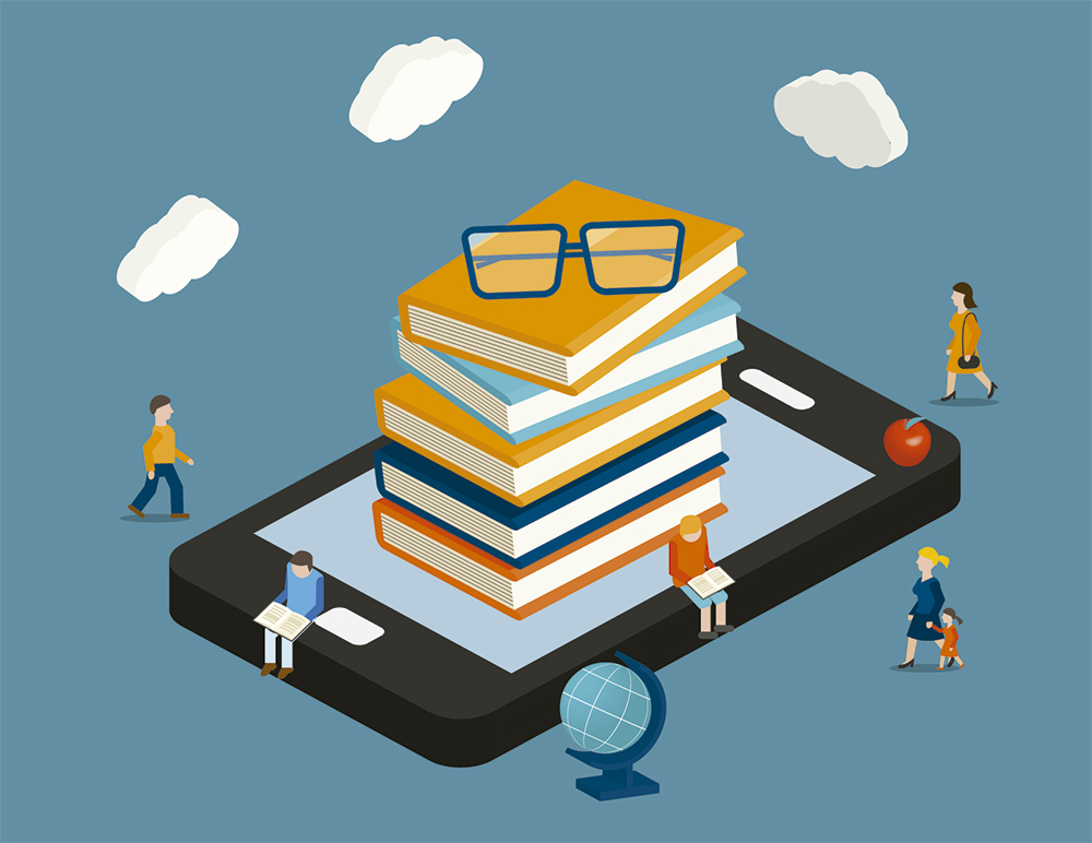 Arte com ilustração de um tablet deitado, sobre ele estão diversos livros empilhados e um óculos de grau no topo. Ao redor, há pessoas pequenas. Algumas delas caminham e outras leem