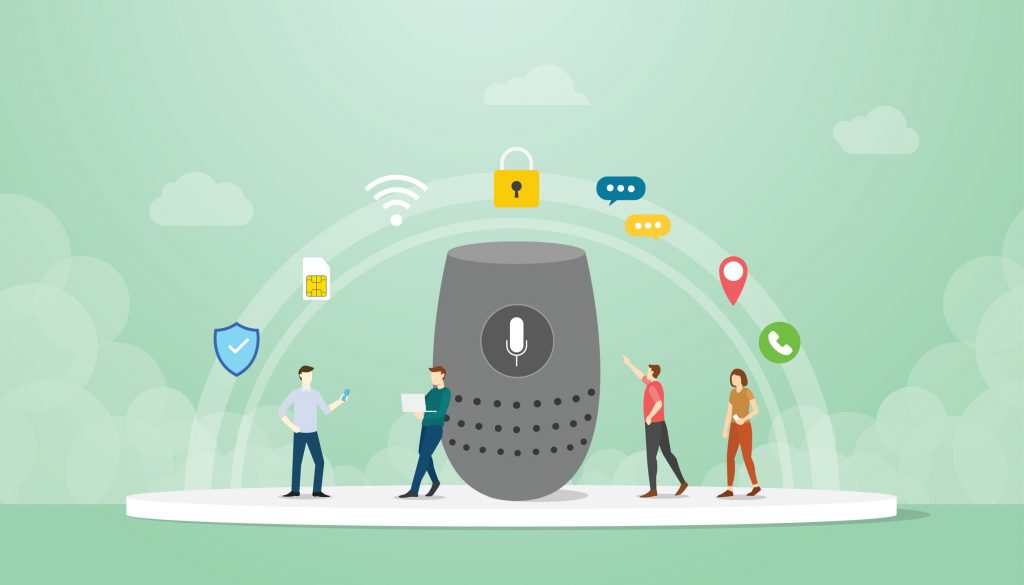 Arte em fundo verde claro com autofalante grande ao centro e quatro pessoas em tamanho menor à sua volta. Elas seguram celulares e laptop, e uma delas olha para o autofalante com um braço levantado. Acima delas há vários ícones que fazem referência à web.
