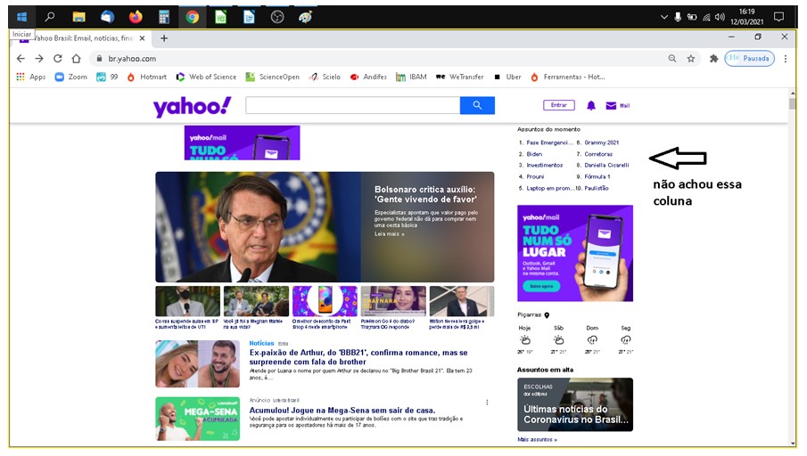 Print de tela da homepage do Yahoo com o desenho de uma seta ao lado superior direito com o texto "não achou essa coluna".