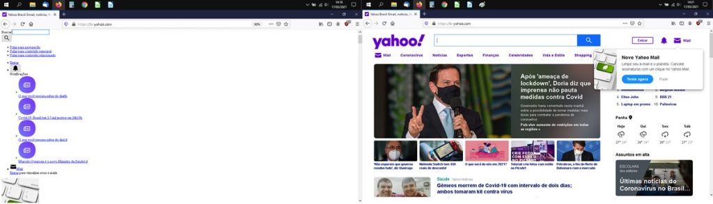 Print de duas telas de computador lado a lado. O da esquerda mostra uma página sem estilo com o conteúdo em formato de lista. O print da direita mostra uma página com formatação normal do Yahoo!