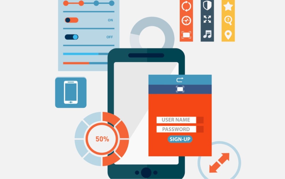 Arte com diversos ícones coloridos usados em aplicativos, uma tela de celular em destaque no centro e, abaixo, uma página de formulário com campos e os textos "user name", "password" e "sign-up". Há também ícones que remetem a preenchimento de fases de testes.
