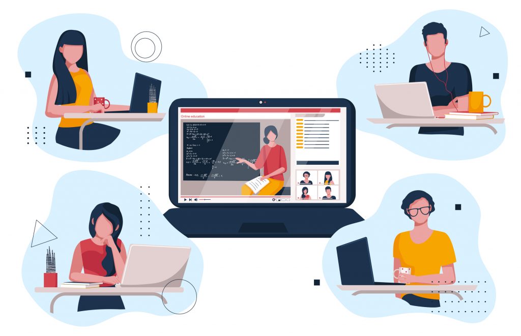 Ilustração contendo quatro desenhos de quatro pessoas sentadas em mesas de estudo, equipadas com notebooks. Ao centro, a imagem de um notebook aberto com a tela de uma professora apresentando uma aula online conecta os desenhos.