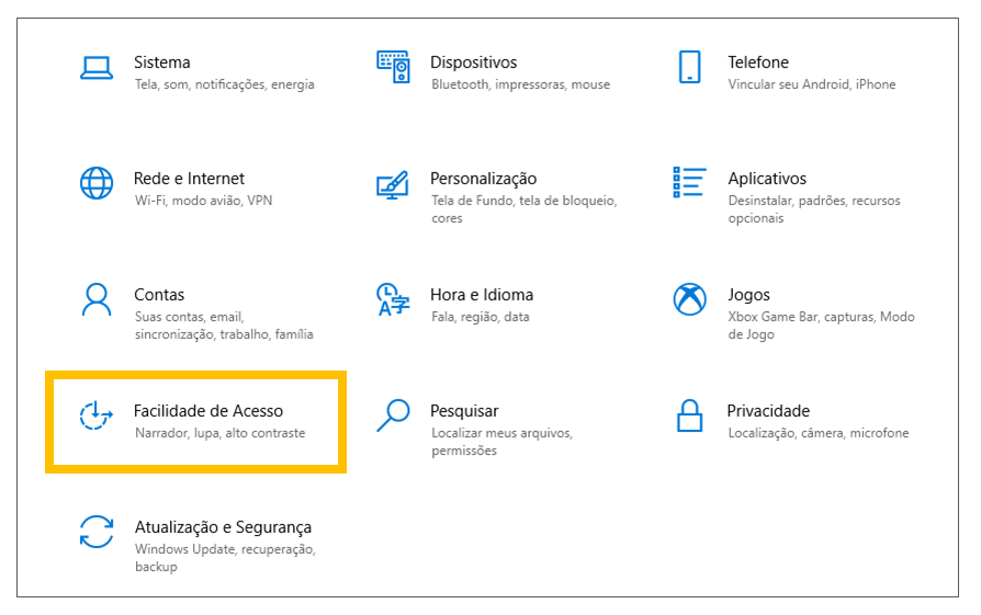 Print da tela Configurações do Windows com destaque para o menu ‘Facilidade de Acesso’