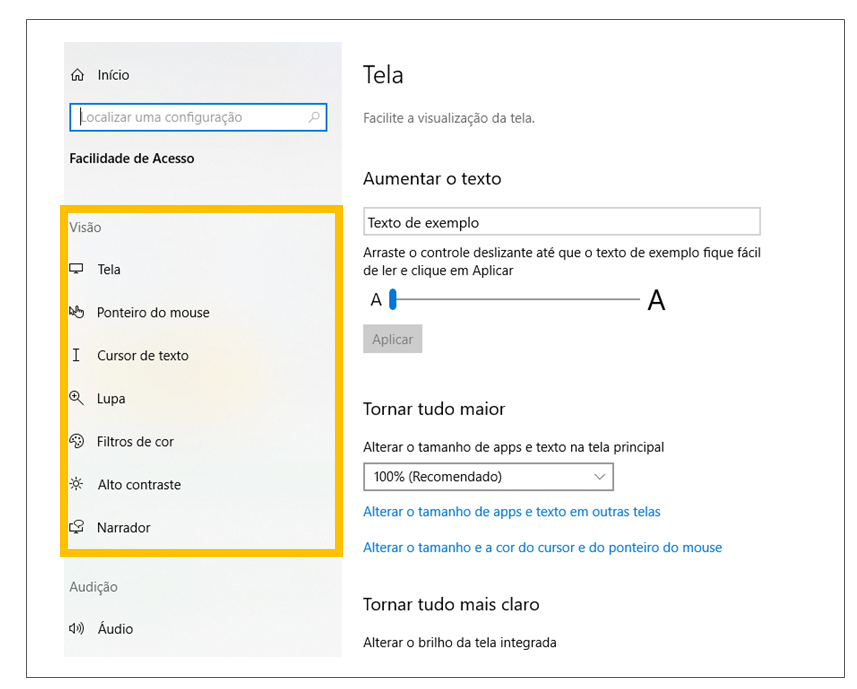 Print da tela de Configurações do Windows com destaque em “Facilidade de Acesso” e no menu “visão”.