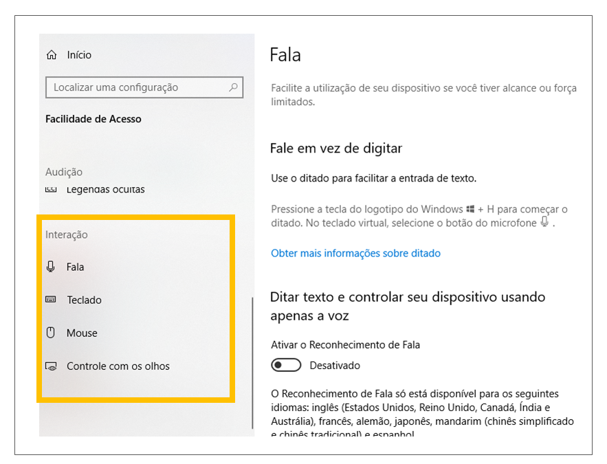 Print da tela de Configurações do Windows com destaque em “Facilidade de Acesso” e no menu “interação”.