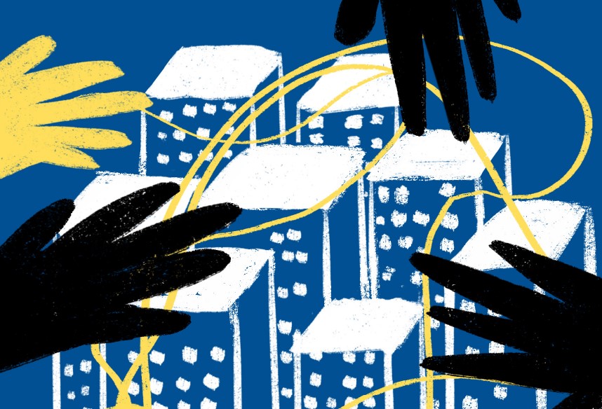 Ilustração com desenhos de mãos pretas e amarelas estendidas sobre prédios de uma cidade, desenhados com traços brancos sobre fundo azul.