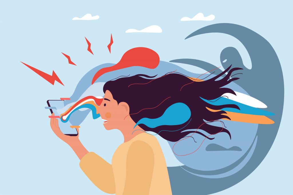 Arte em tons de azul claro, azul escuro, vermelho e amarelo. Há a ilustração de uma pessoa de perfil, com cabelos compridos esvoaçantes. Com a mão direita, ela segura um celular próximo ao rosto e olha para a tela com expressão de espanto.