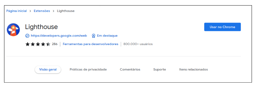 Tela de download da extensão Lighthouse do Google.