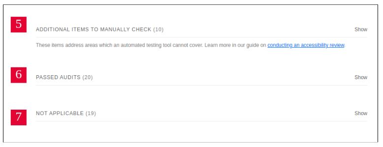 Captura de tela do relatório de Acessibilidade com informações agrupadas em ADDITIONAL ITEMS TO MANUALLY CHECK, PASSED AUDITS e NOT APPLICABLE.
