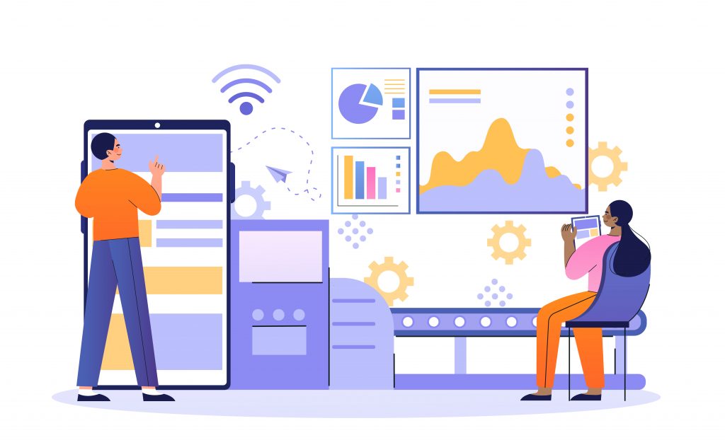 Ilustração contendo telas de computador com gráficos, tablet grande, sinal de wifi, símbolo de engrenagem. Há duas pessoas que olham para esses painéis.