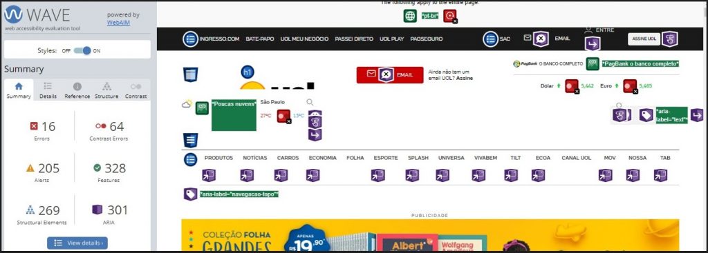 Print de tela com o retorno do WAVE em um site de notícias. Na tela, há vários ícones coloridos indicando os pontos que foram avaliados pela ferramenta. Ao lado esquerdo, há uma caixa de diálogo do WAVE que mostra a quantidade de itens que merecem atenção, dá detalhes sobre cada um deles e mostra algumas dicas de melhores práticas de acessibilidade digital.