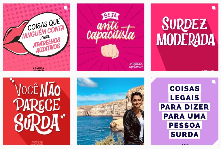 Print de tela do perfil da Paula Pfeifer no Instagram com imagens de seis posts bem coloridos e com os textos destacados: 1) coisas que ninguém conta sobre aparelhos auditivos. 2) Seja anticapacitista. 3) Surdez moderada. 4) Você não parece surda. 4) Coisas legais para dizer para uma pessoa surda. A sexta imagem é uma foto dela em frente a um lago ou parte do mar azul rodeado por um grande rochedo.