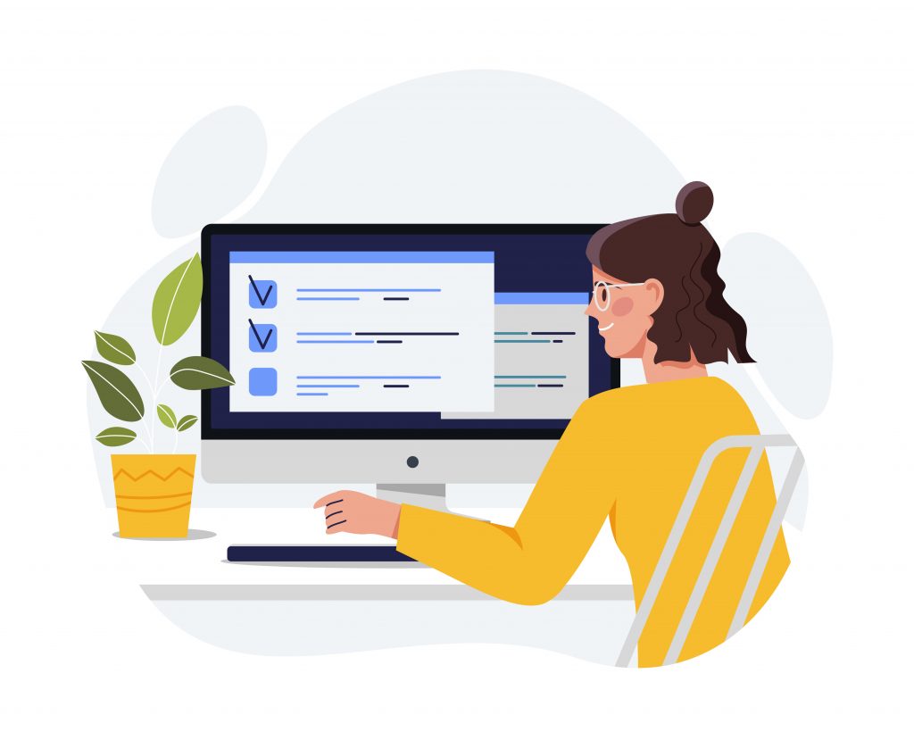 Ilustração de uma mulher de frente a um computador com um checklist projetado na tela.