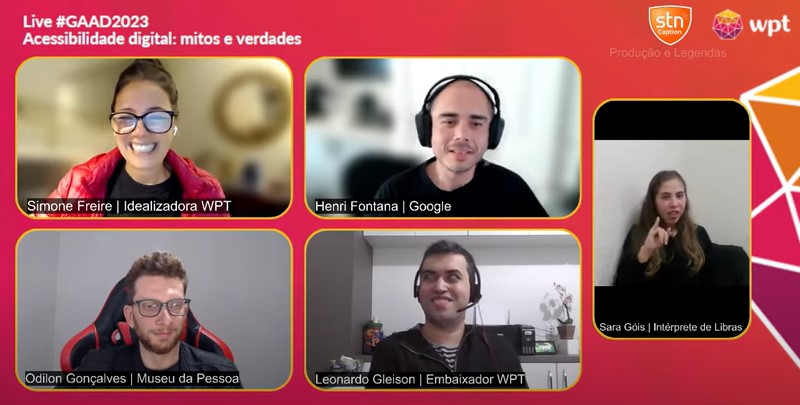 Captura de tela da transmissão da live no YouTube com as imagens de Simone Freire, do WPT, Henri Fontana, do Google, Odilon Gonçalves, do Museu da Pessoa, Leonardo Gleison, embaixador do WPT, e da Sara Góis, intérprete de Libras.