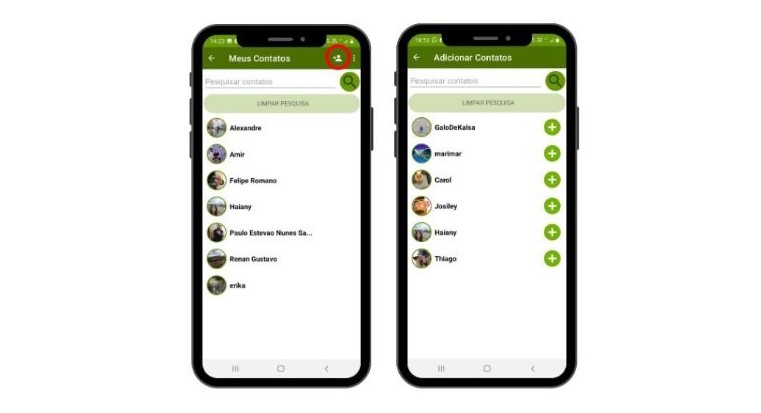 Duas Telas do aplicativo Caeski com fotos dos contatos. Ao lado de cada contato há um botão redondo com sinal de soma na cor verde. Na parte superior do menu, existe uma barra de pesquisa para digitar um novo nome. Flecha de retorno para a tela anterior na parte superior do menu, como no aplicativo whatsapp.