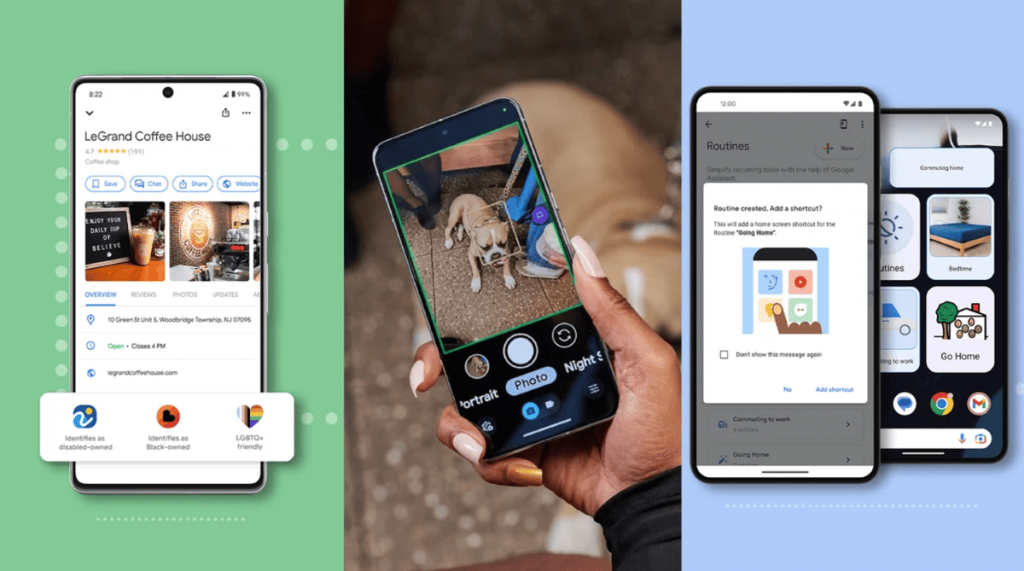 Montagem com quatro celulares lado a lado que exibem diferentes recursos de acessibilidade em aplicativos do Google.