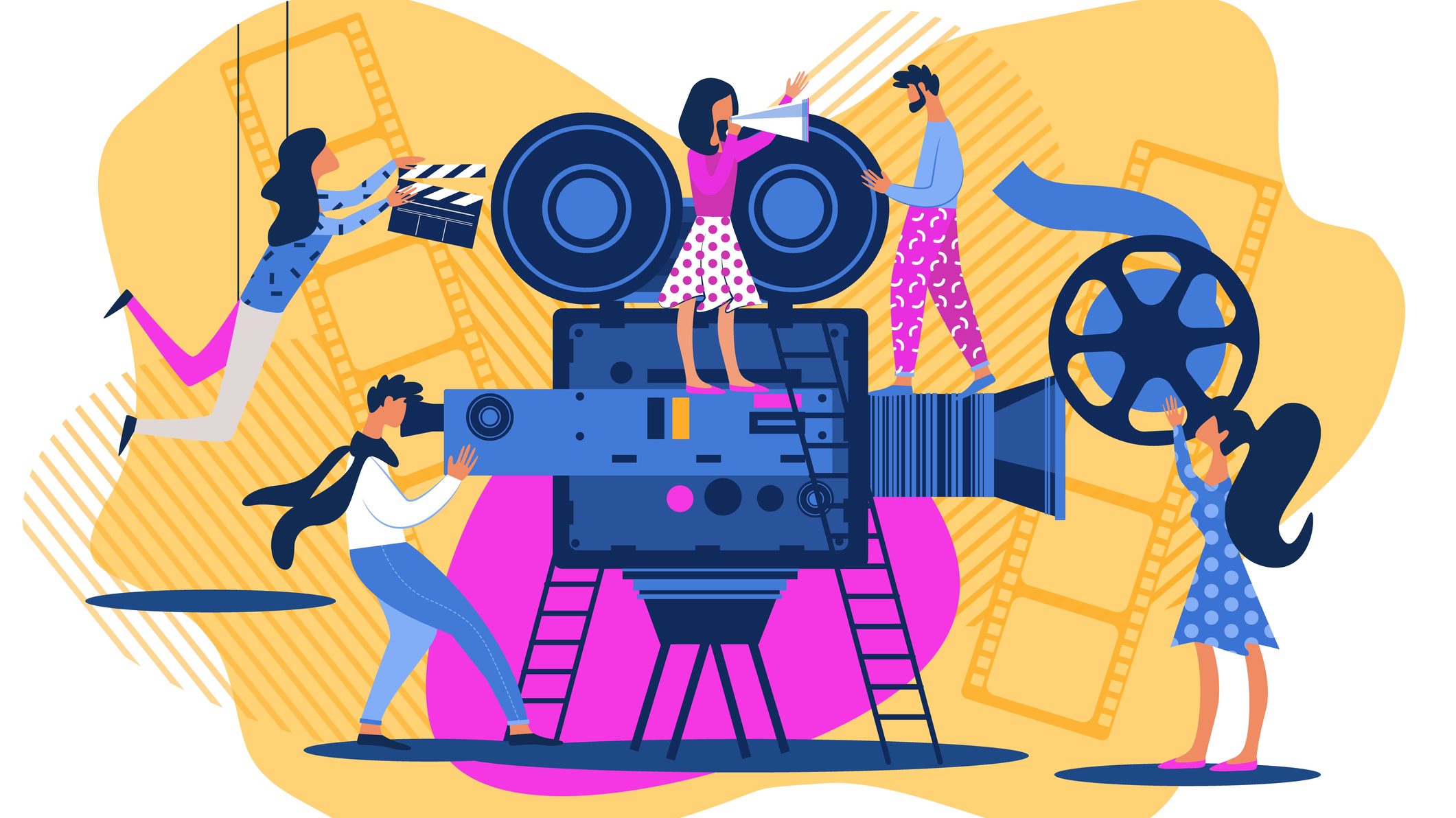 Ilustração com desenhos de cinco pessoas diversas num processo de filmagem. Há câmeras de vídeo, claquete e autofalante.
