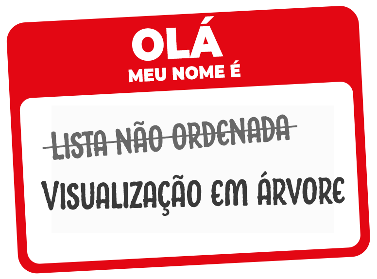 Um adesivo retangular vermelho com frases em branco e cinza. De cima para baixo, lê-se o seguinte: “Olá, meu nome é”. Na sequência, a frase “'lista não ordenada”' riscada e, logo abaixo, a frase “visualização em árvore”.