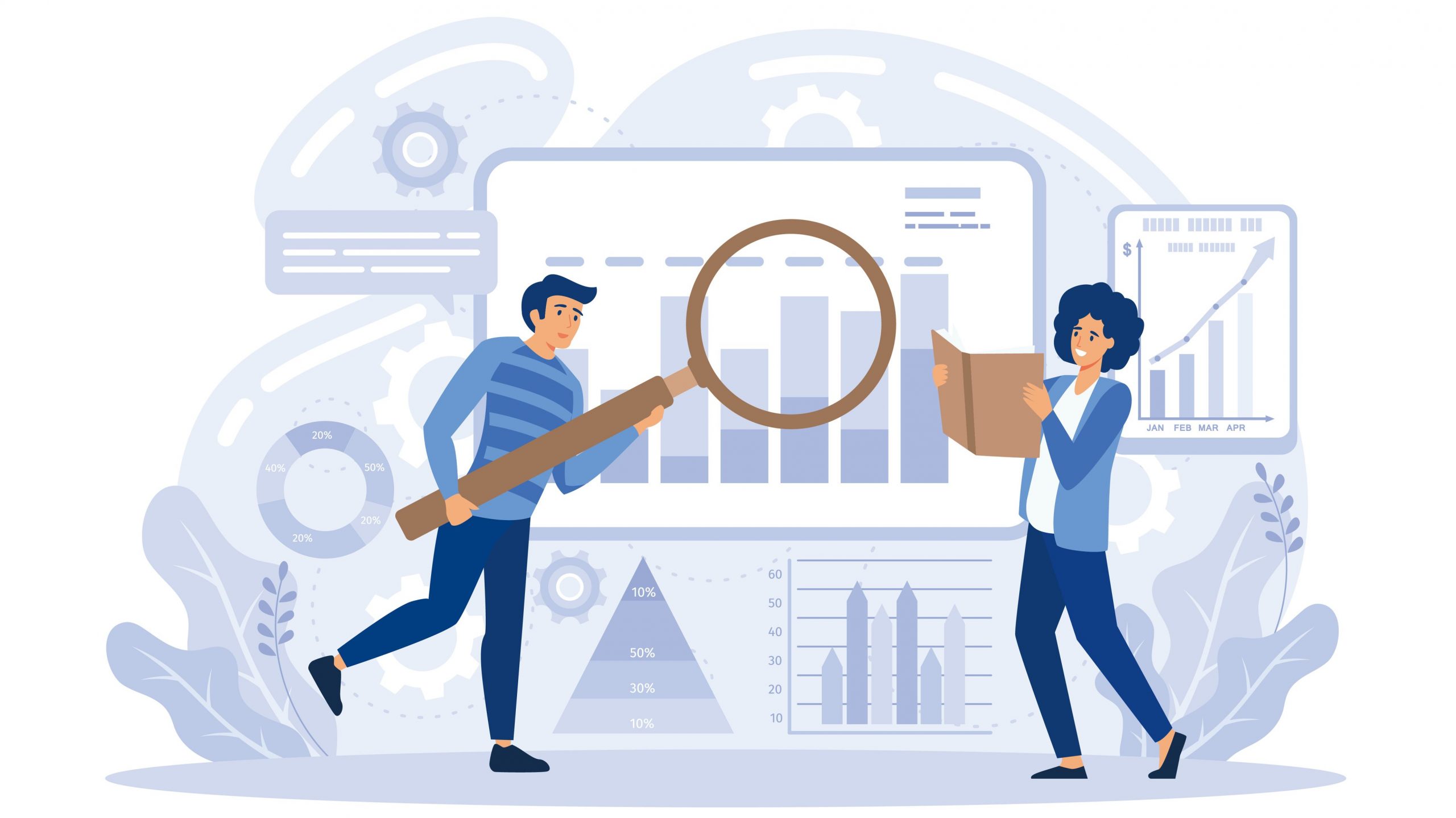 Ilustração de duas pessoas em frente a uma tela grande de computador e vários gráficos projetados nela e ao redor. Uma das pessoas aponta uma lupa para a tela e a outra olha um caderno grande.