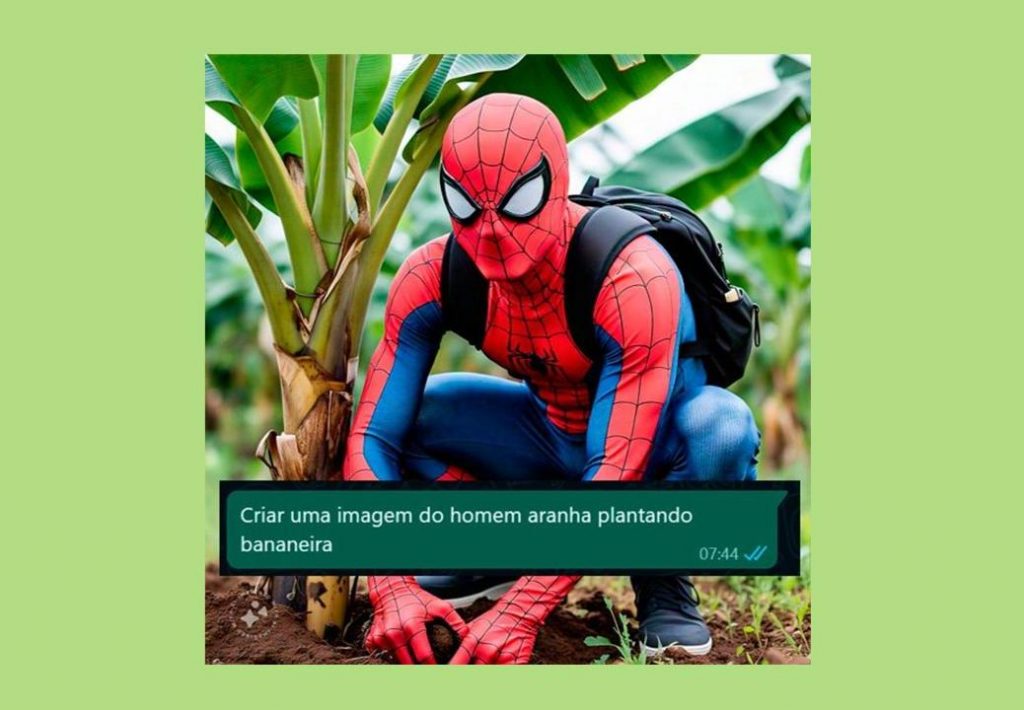 Foto do homem aranha abaixado plantando um pé de banana. Abaixo, uma mensagem de whatsapp com o texto "criar uma imagem do homem aranha plantando bananeira".