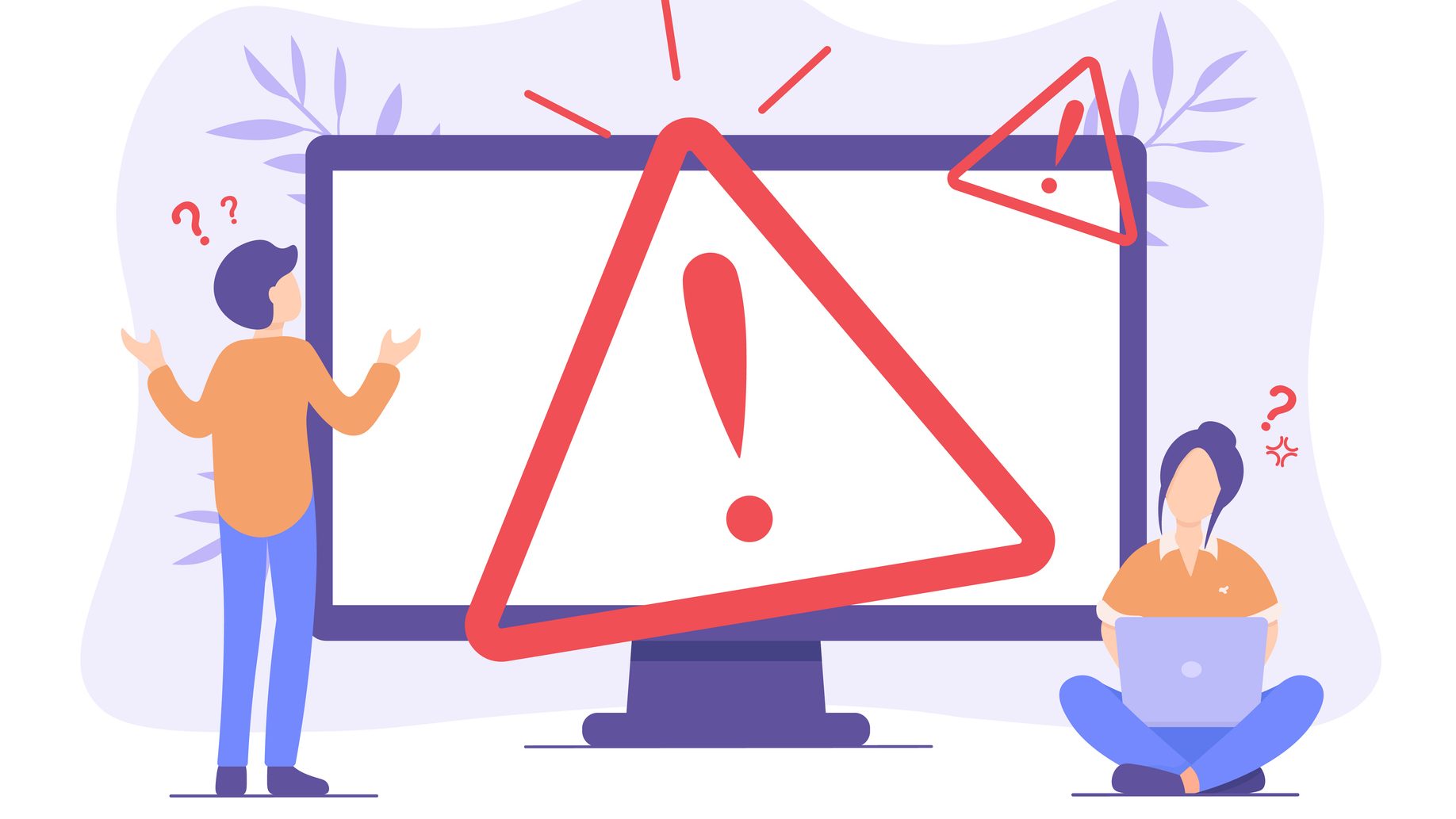 Ilustração de uma tela de computador bem grande e mensagem de alerta saindo dela. Ao seu redor, há desenhos de duas pessoas com pontos de interrogação próximos às duas cabeças. Uma delas olha para a tela com as mãos para o alto e a outra está sentada no chão mexendo no laptop que está sobre suas pernas.
