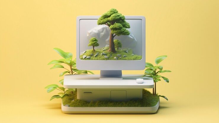Ilustração de um computador de mesa com plantas saindo de dentro da tela e da base.