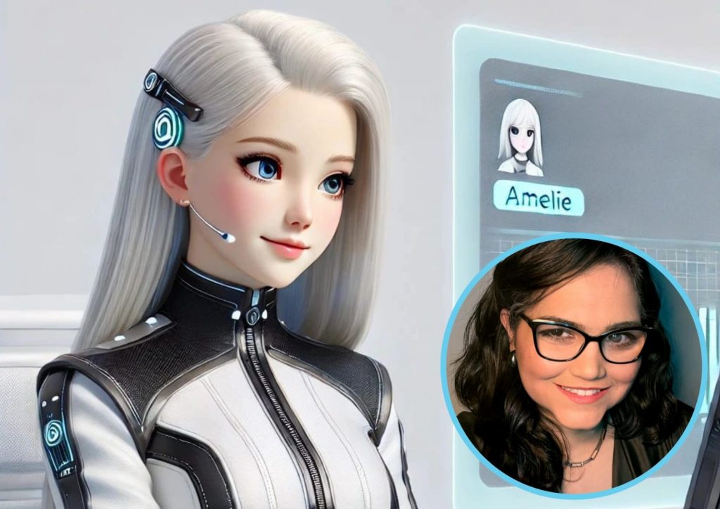 Foto de um ambiente futurista com uma personagem vestindo um figurino preto e branco com elementos metálicos e tecnológicos. Ela tem cabelos longos prateados e usa um acessório na cabeça com detalhes em azul brilhante. À direita, há uma tela com o nome "Amélie" e um pequeno avatar da mesma personagem. Há uma foto sobreposta do rosto de Belle Utsch no canto inferior direito da imagem.