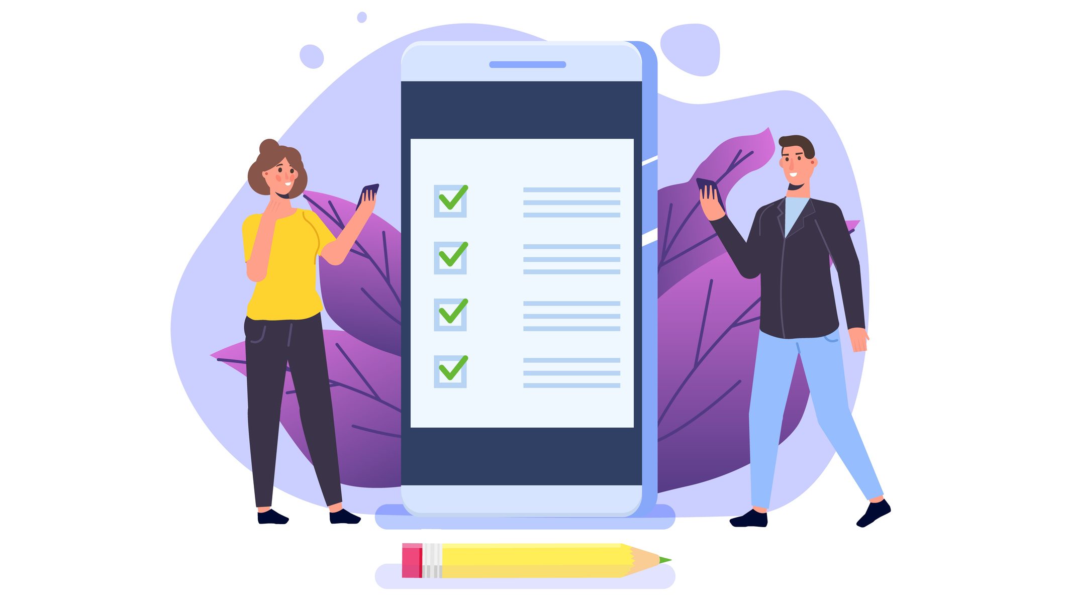 Ilustração de um celular enorme entre um homem e uma mulher com um checklist projetado na tela.